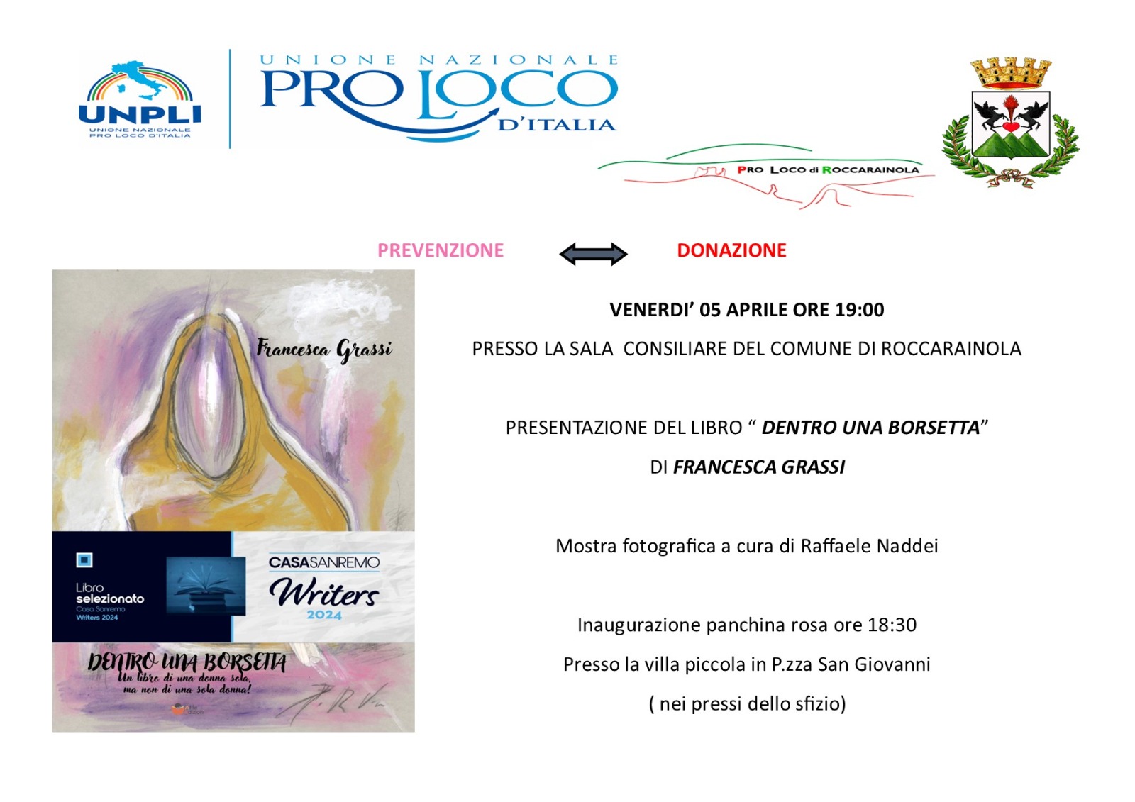 Roccarainola, la Pro Loco inaugurerà la Panchina Rosa e Francesca Grassi presenterà il suo libro